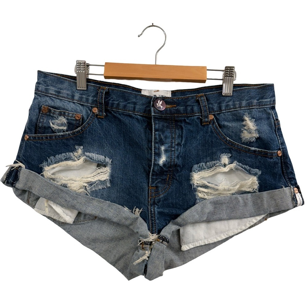 One Teaspoon Blue Distressed Jean Shorts with Rolled Hem